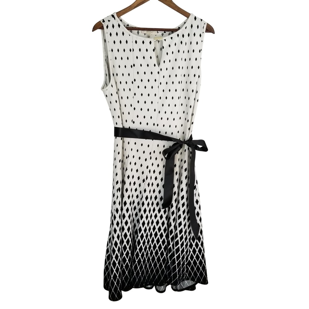 Haani Womens 2X Black White Diamond Geometric Ombre Fit Flare Dress‎ Satin Belt